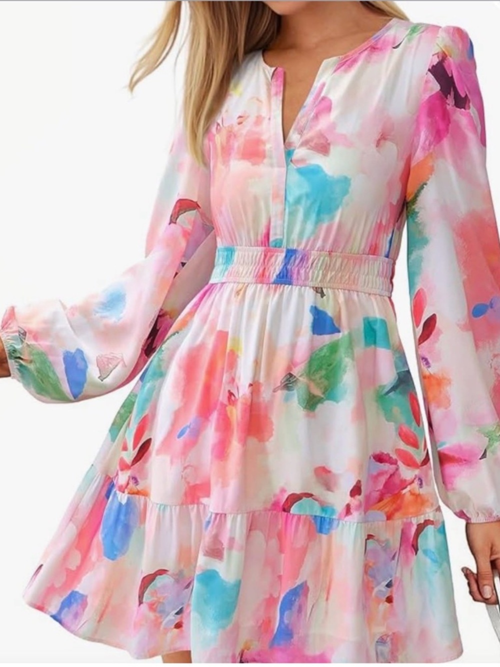 Watercolor Print Long-Sleeve Tiered Dress - Pink Multi (lined)